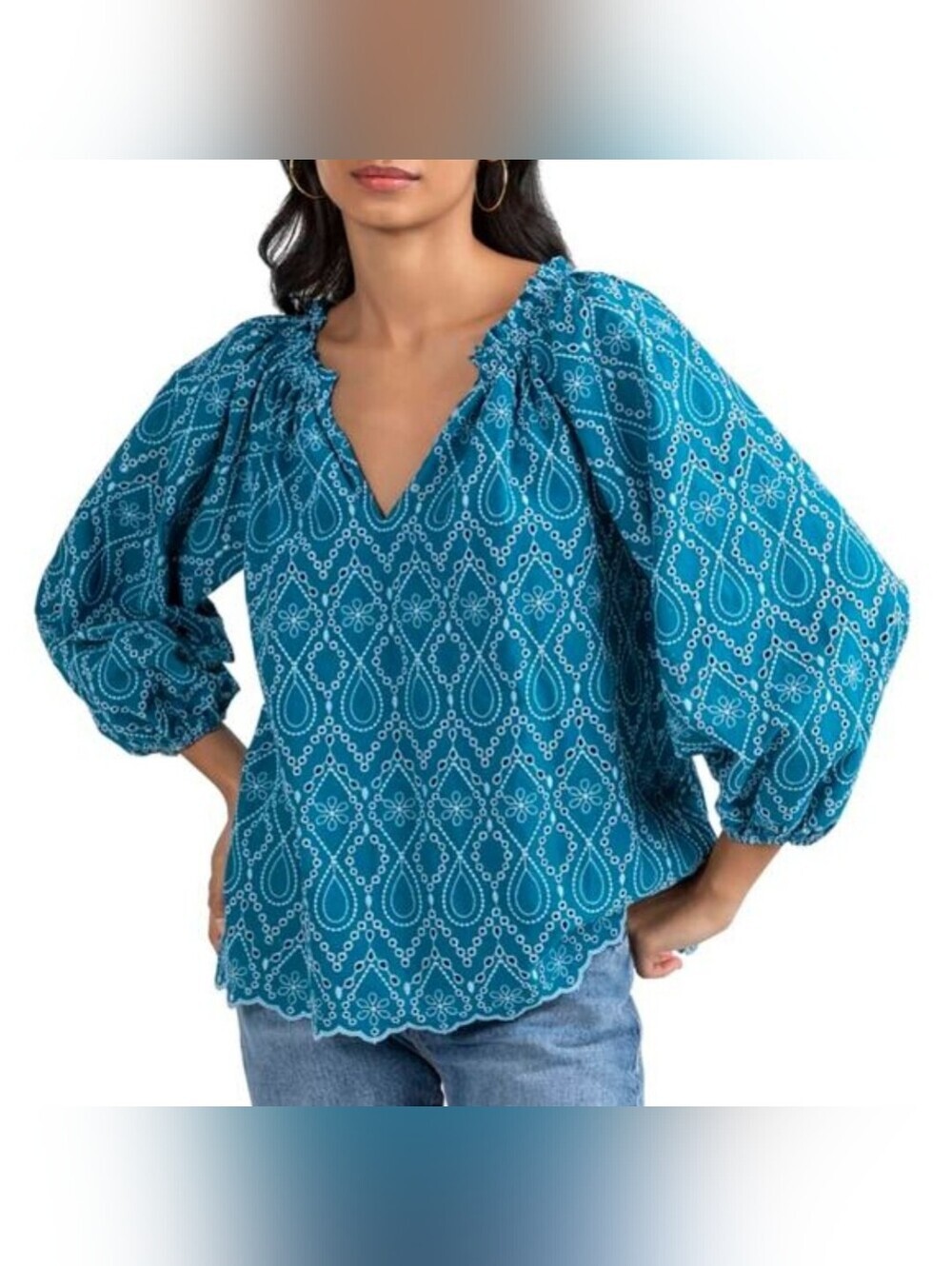 Shoshanna Aqua Teal Floral Eyelet Peasant Top Boho Cottagecore Blouse Small